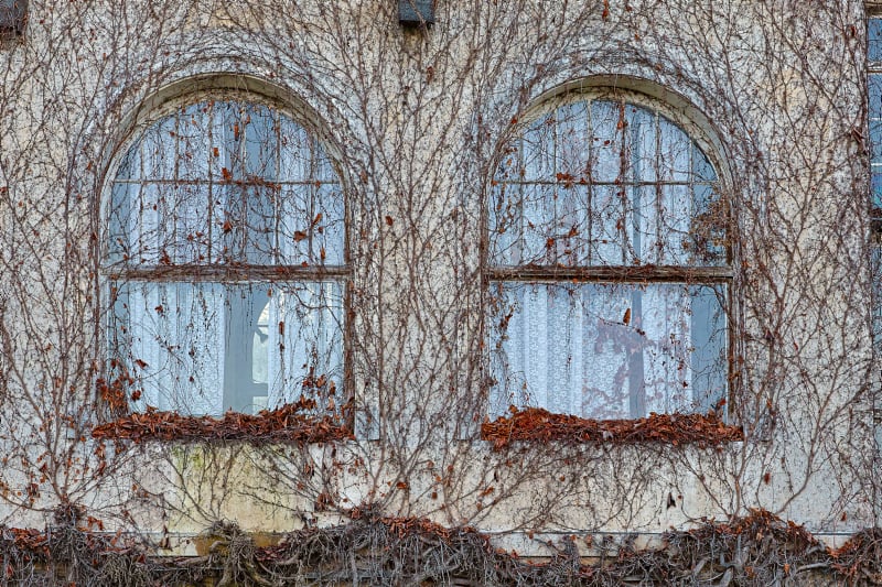 Zeitkapsel: Hinter den Rundbogenfenstern hängen noch die Gardinen vom Hotelbetrieb. Zeitkapsel: Hinter den Rundbogenfenstern hängen noch die Gardinen vom Hotelbetrieb.